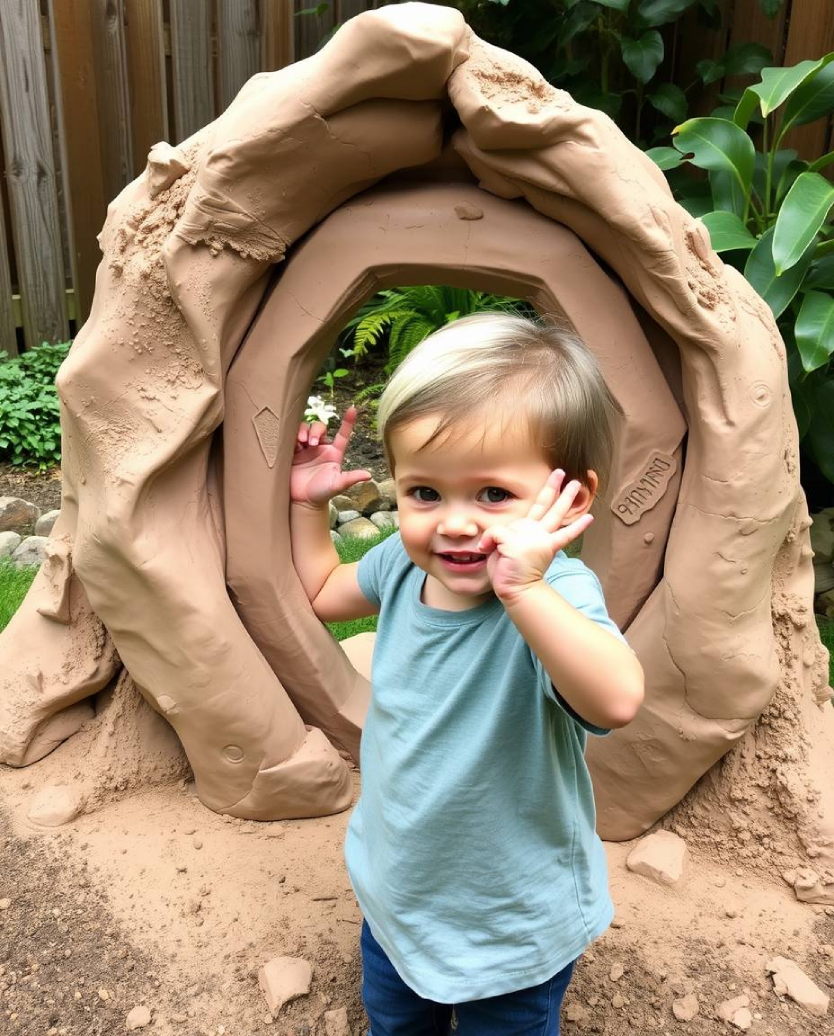 A captivating image of a child discovering a whimsical portal in their backyard, crafted from intricately sculpted clay. The 