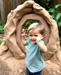 A captivating image of a child discovering a whimsical portal in their backyard, crafted from intricately sculpted clay. The