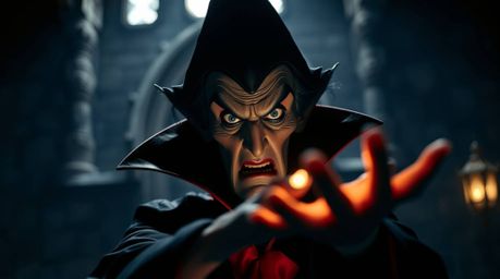 A captivating image of a classic Disney villain, eyes blazing with intensity, casting a powerful spell within the ancient wal