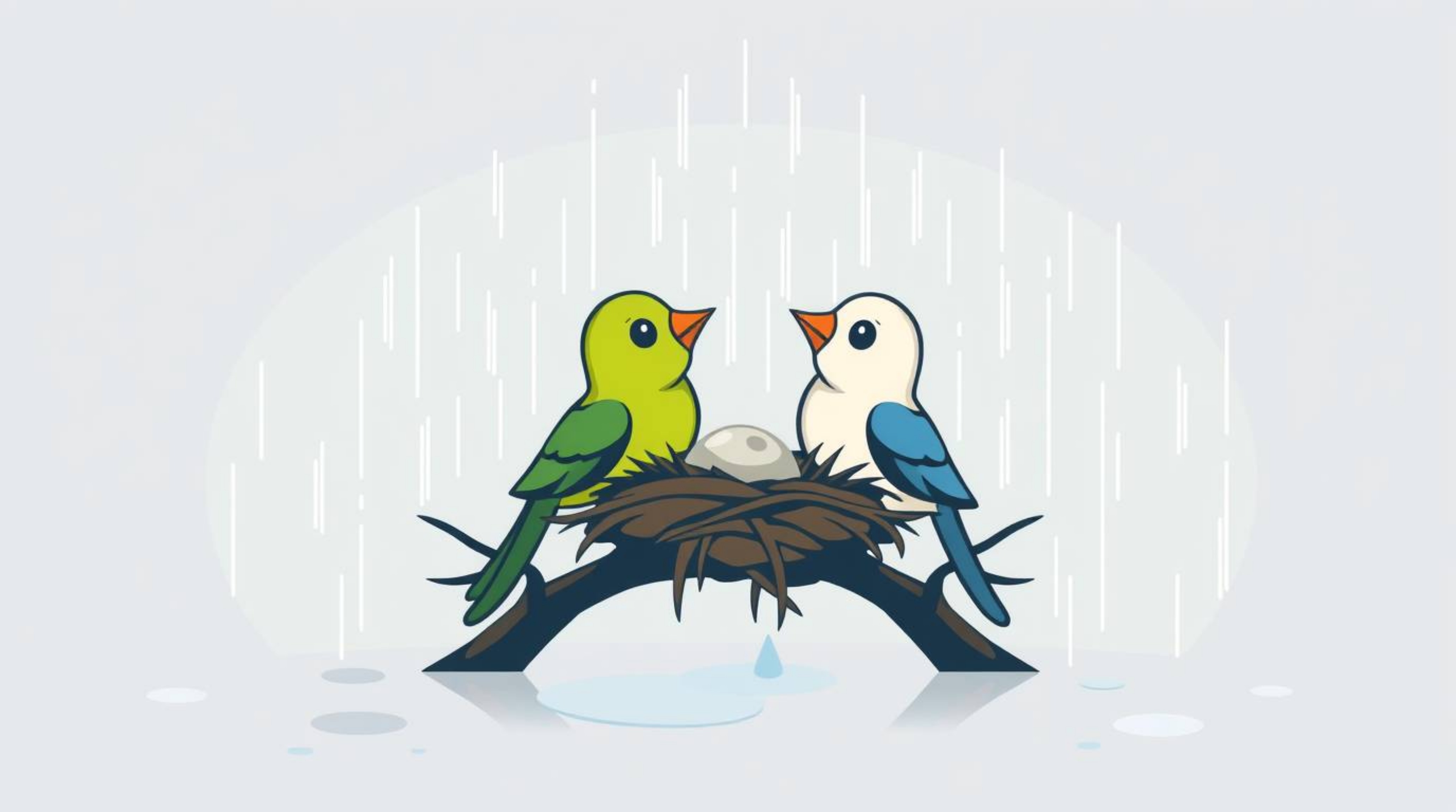 A charming logo design featuring two cartoon birds meticulously building a nest in a wet, rainy scene. Rendered in a classic