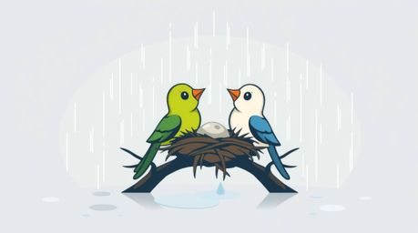 A charming logo design featuring two cartoon birds meticulously building a nest in a wet, rainy scene.  Rendered in a classic
