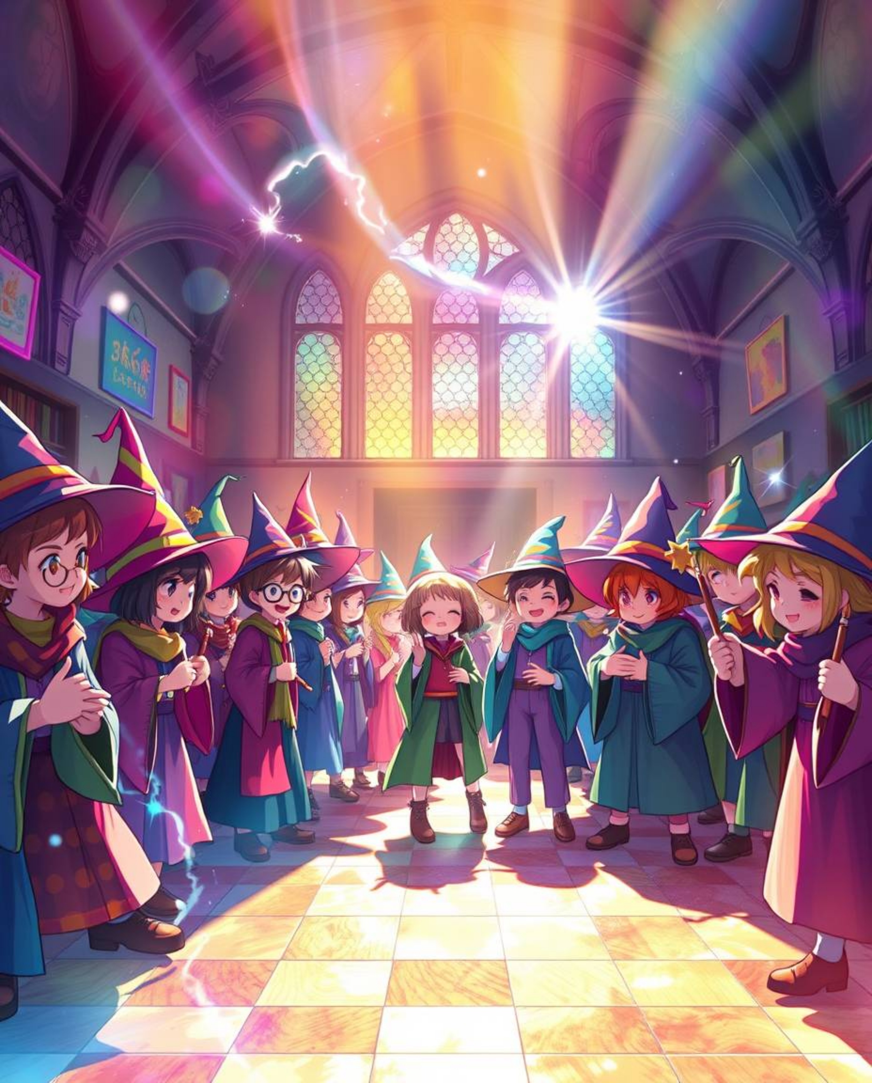 Discover a captivating digital painting of a magical school brimming with lively young wizards.  Bathed in bright, vibrant co