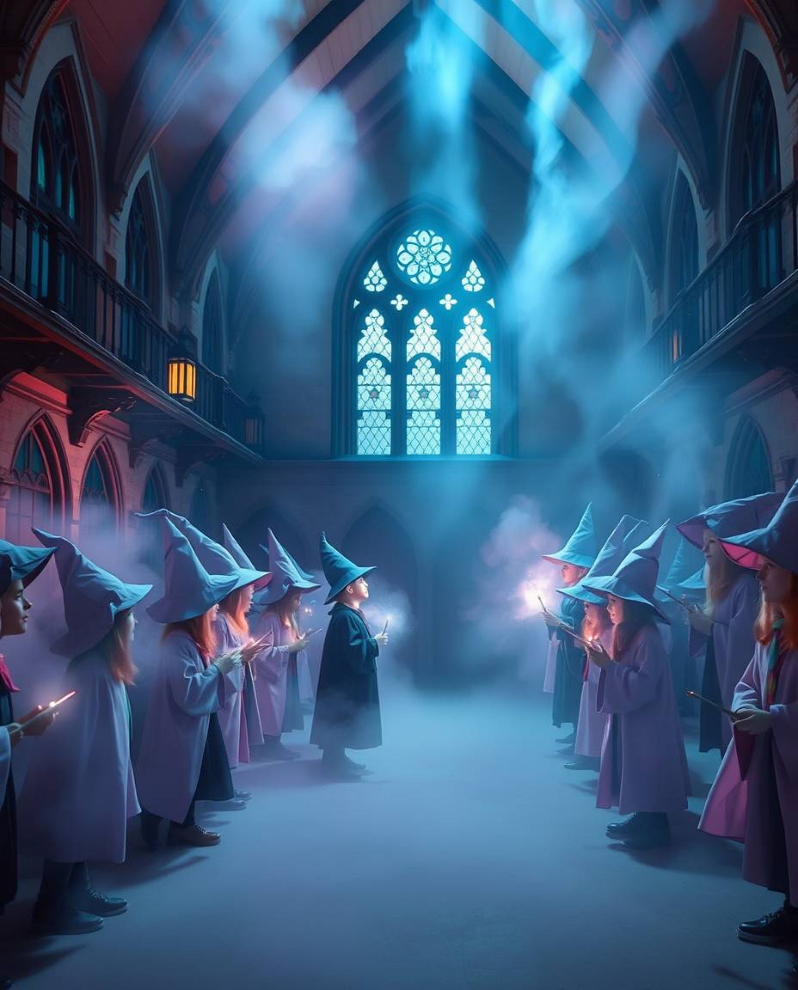 Discover a whimsical magical school brimming with young wizards, bathed in soft pastel hues and ethereal volumetric lighting.