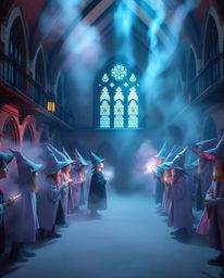 Discover a whimsical magical school brimming with young wizards, bathed in soft pastel hues and ethereal volumetric lighting.