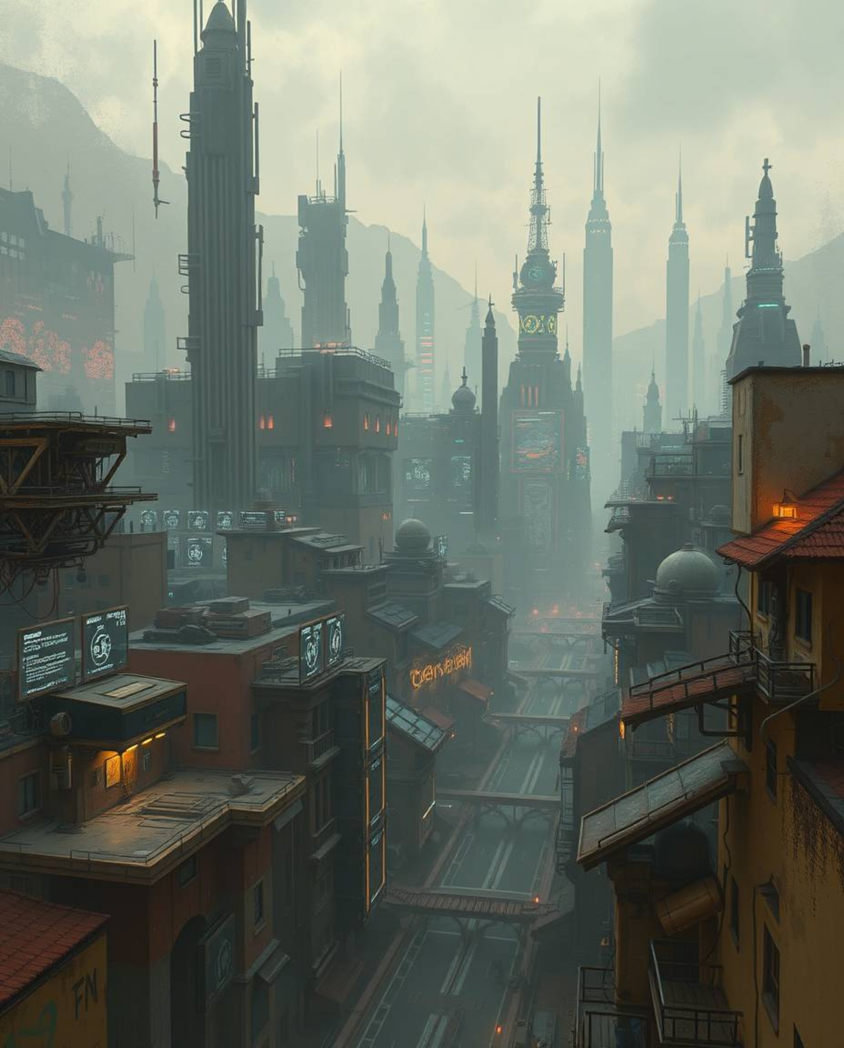 Explore a mesmerizing digital painting of a futuristic city caught in glitch mode. Natural earth tones blend with flickering 
