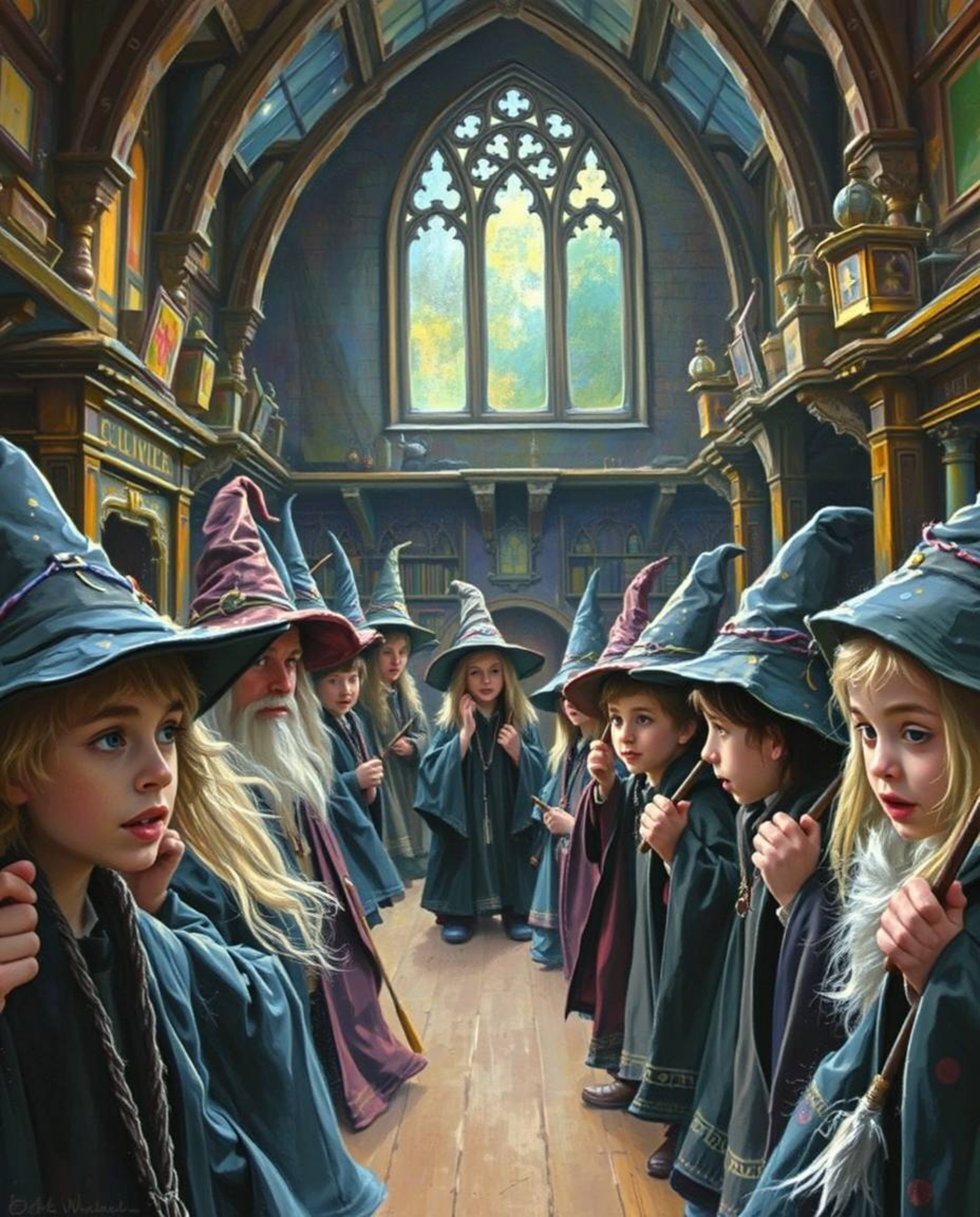 Discover a captivating image of a magical school brimming with young wizards, exquisitely rendered in a classic oil painting 