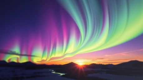 Witness the breathtaking spectacle of dynamic, intricate origami-style Northern Lights unfolding over a vibrant sunset sky. T