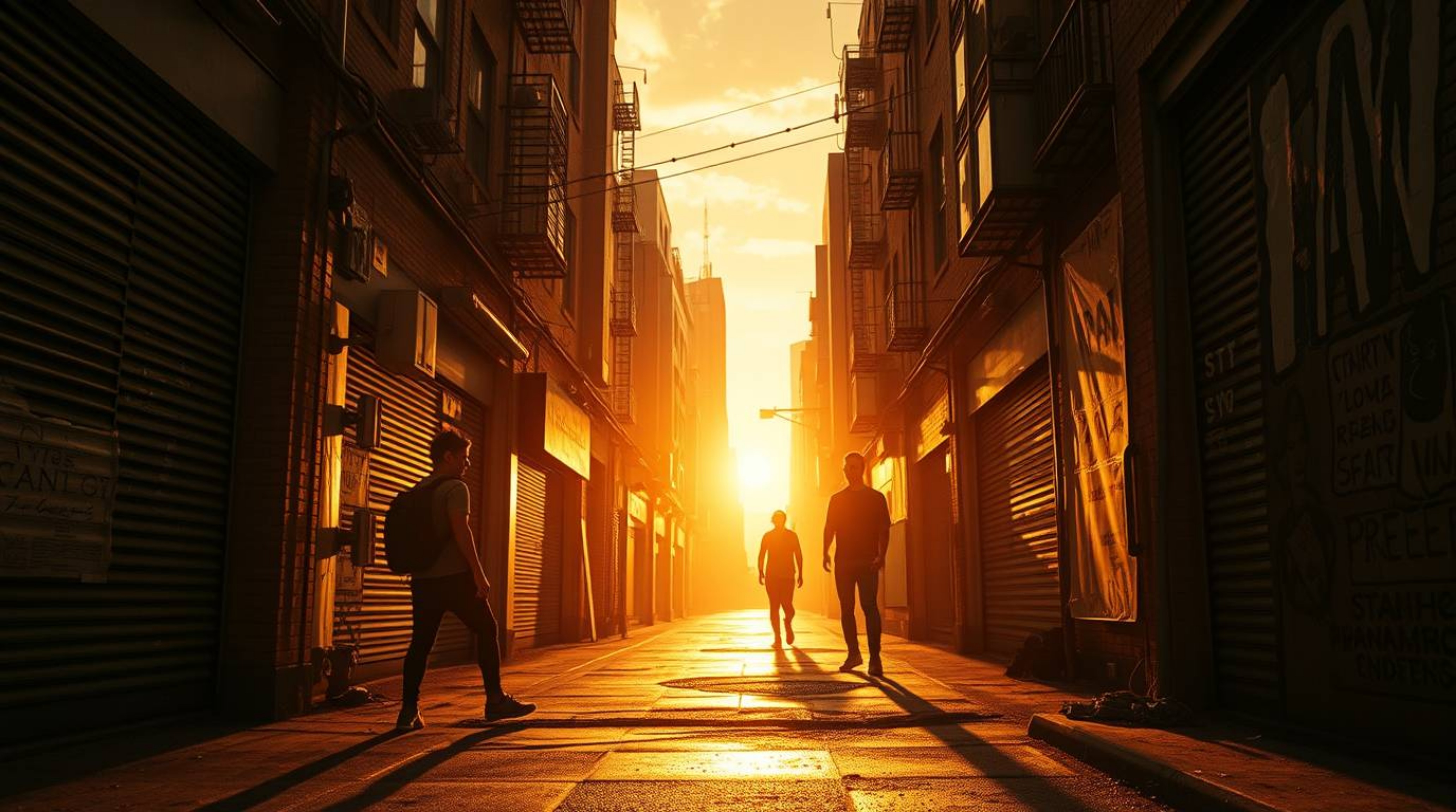 Capture the raw energy of rebellious teens in a grungy city alley at sunset. This image blends warm golden hour light with su