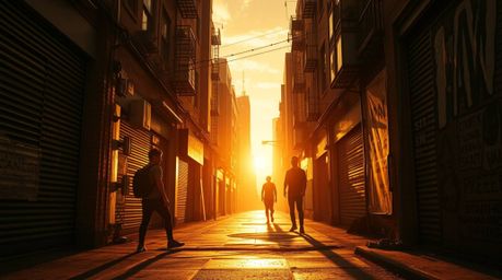 Capture the raw energy of rebellious teens in a grungy city alley at sunset. This image blends warm golden hour light with su