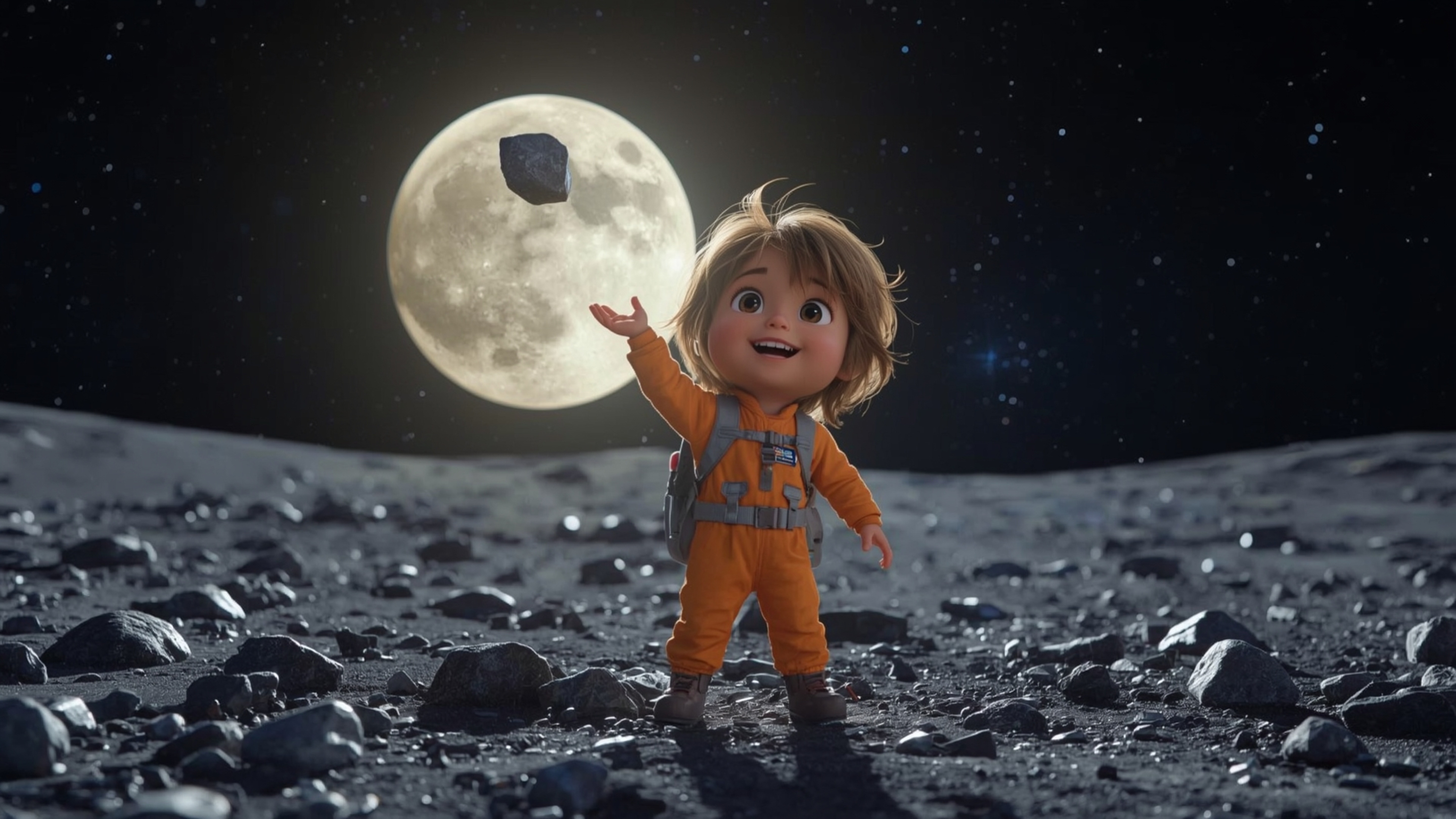Embark on a whimsical cosmic adventure with this vibrant, cinematic photograph, reminiscent of Pixar's stylized charm. A joyf