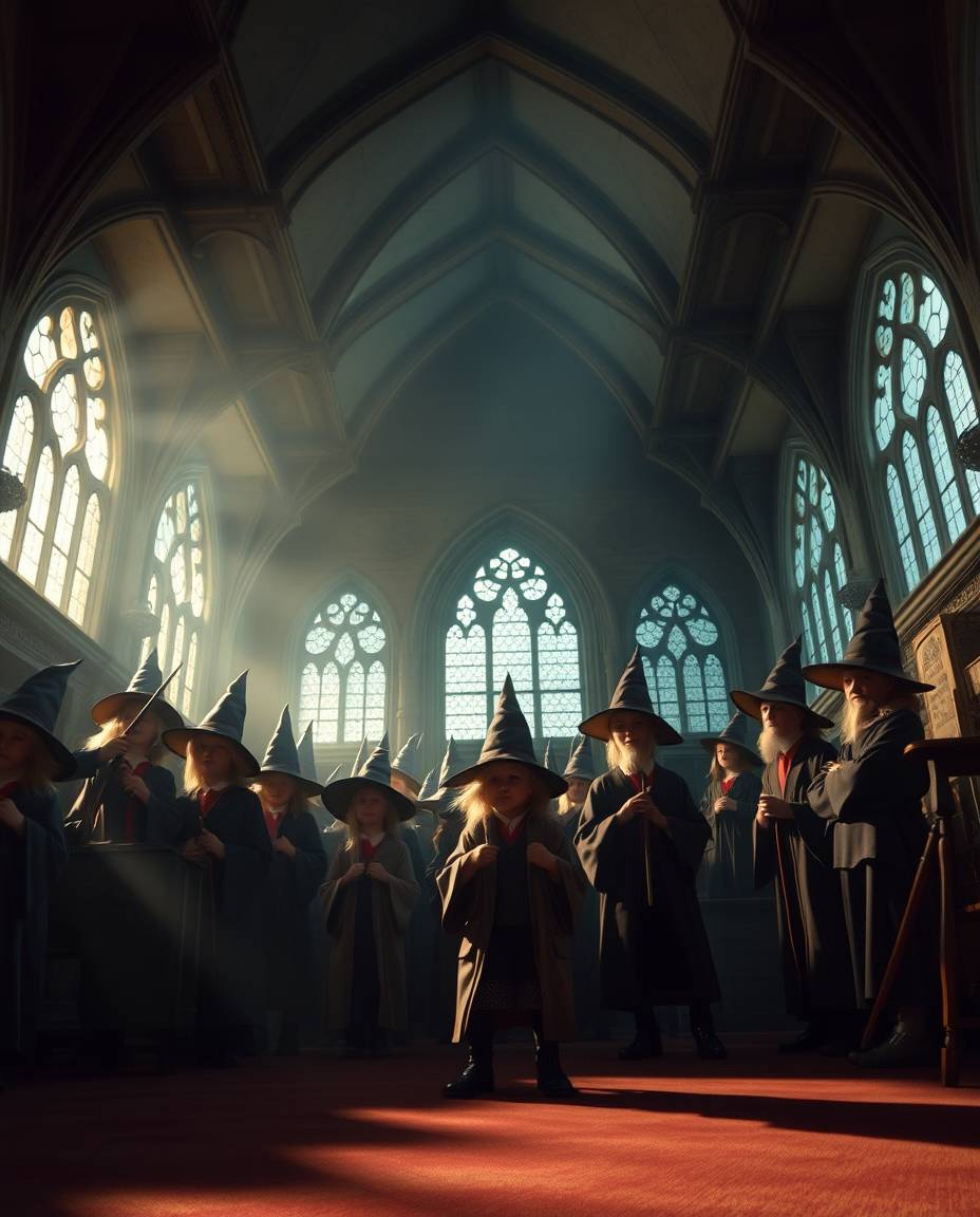 Explore a captivating magical school teeming with young wizards, presented from a dramatic low angle perspective. The scene i