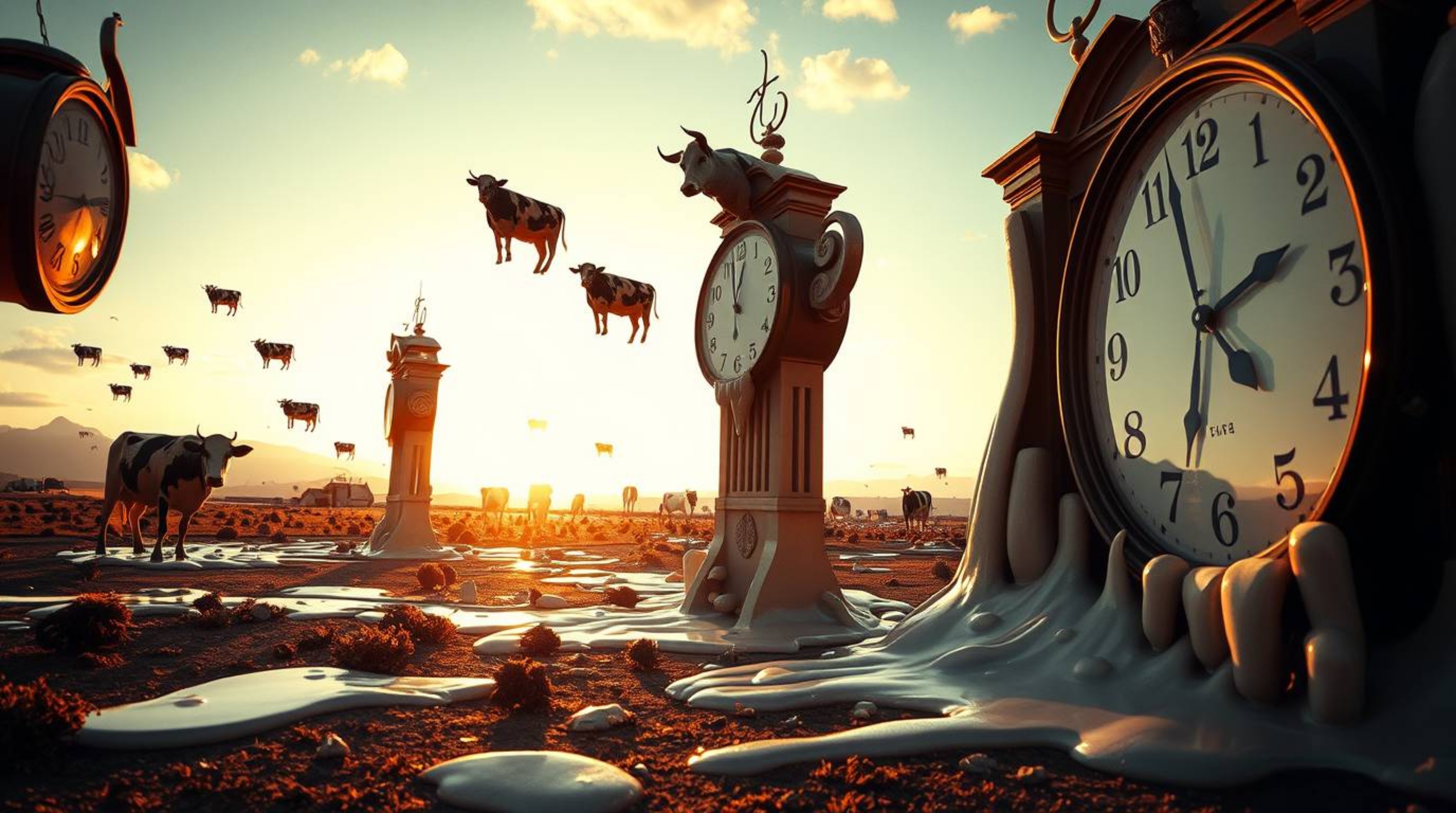 Explore a surreal dreamscape where melting clocks and floating cows defy reality, captured from a dramatic low-angle perspect