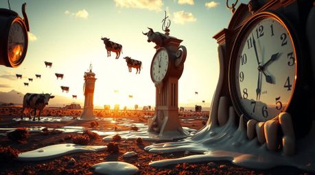 Explore a surreal dreamscape where melting clocks and floating cows defy reality, captured from a dramatic low-angle perspect