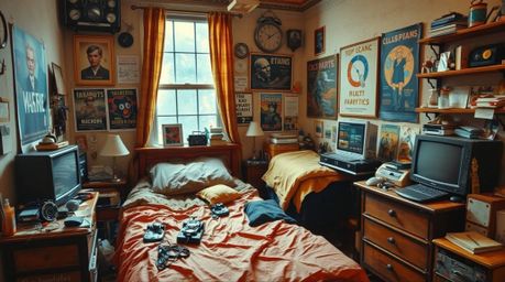 A captivating oil painting depicting a messy bedroom scene.  Warm autumnal colors and visible brushstrokes create a rich text