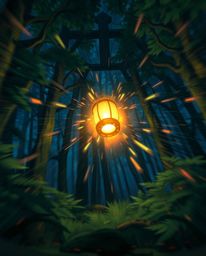 An Isekai anime-style depiction of a glowing lantern in a dark forest featuring dynamic motion and bioluminescent colors. Thi