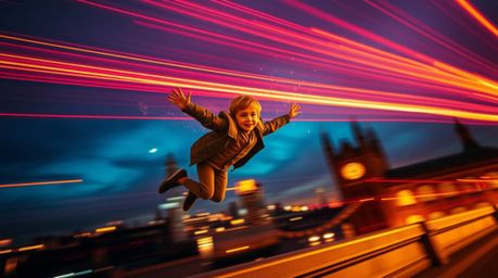 A warm-toned long exposure photograph captures a young boy seemingly flying with pixie dust above London. Streaks of red, ora
