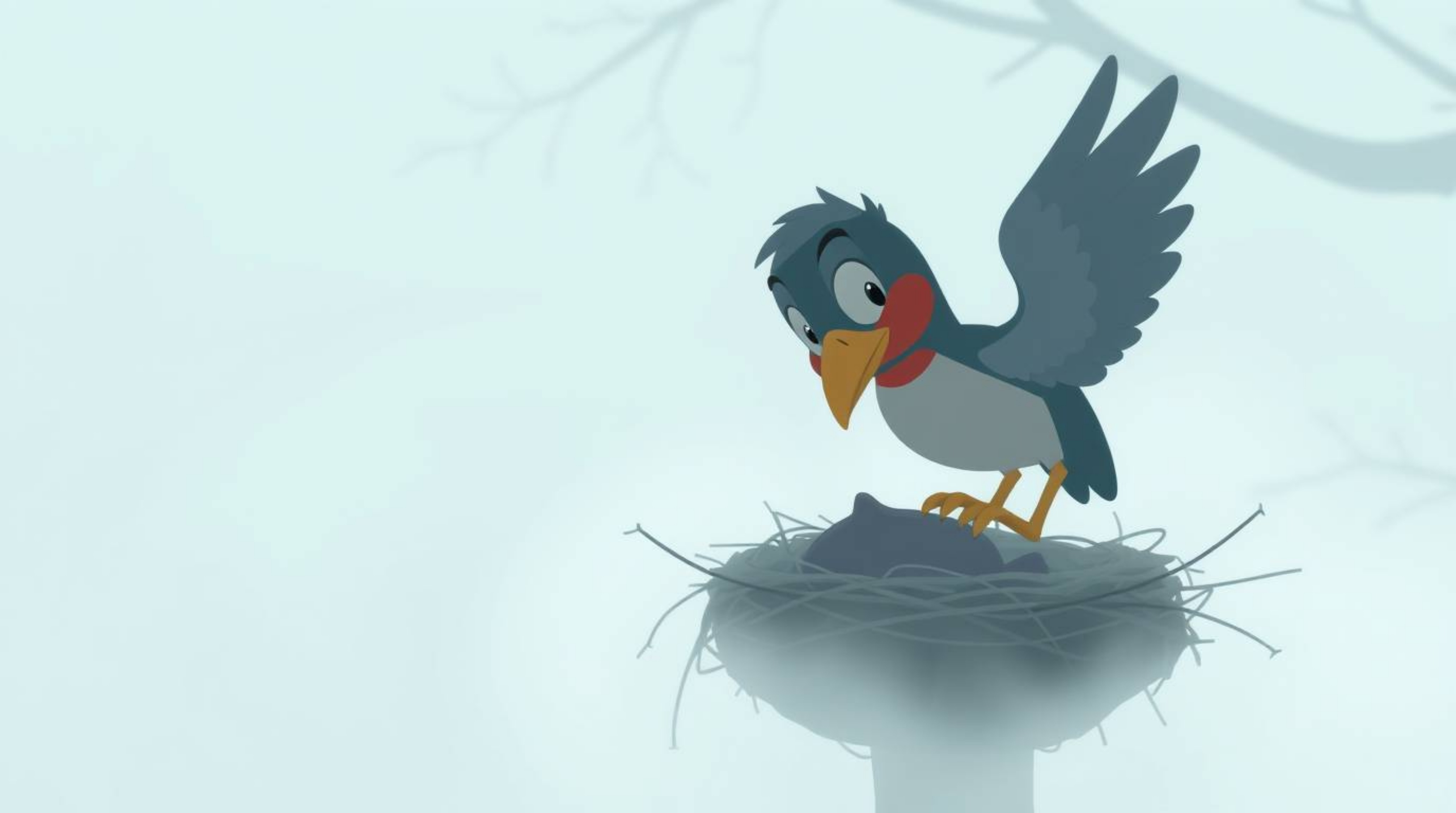 A close-up shot featuring two cartoon birds diligently building a nest amidst thick fog, rendered in a classic animation styl