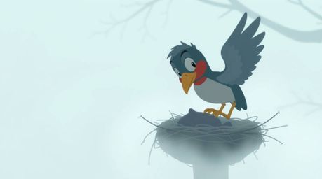 A close-up shot featuring two cartoon birds diligently building a nest amidst thick fog, rendered in a classic animation styl