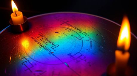 An image showcasing an iridescent gradient texture on a metallic surface.  Vibrant color shifts are illuminated by warm candl