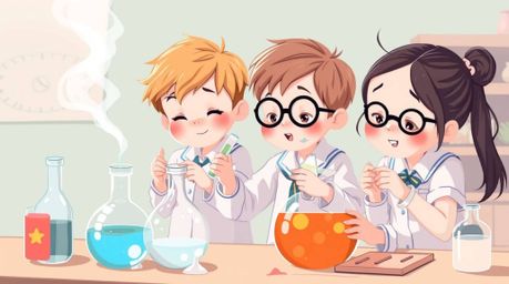 A charming illustration showcases a group of unique children in school uniforms playfully conducting science experiments.  Th