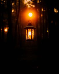 Experience the magic of warm golden hour light illuminating a vibrant scene. Imagine a glowing lantern nestled in a dark fore