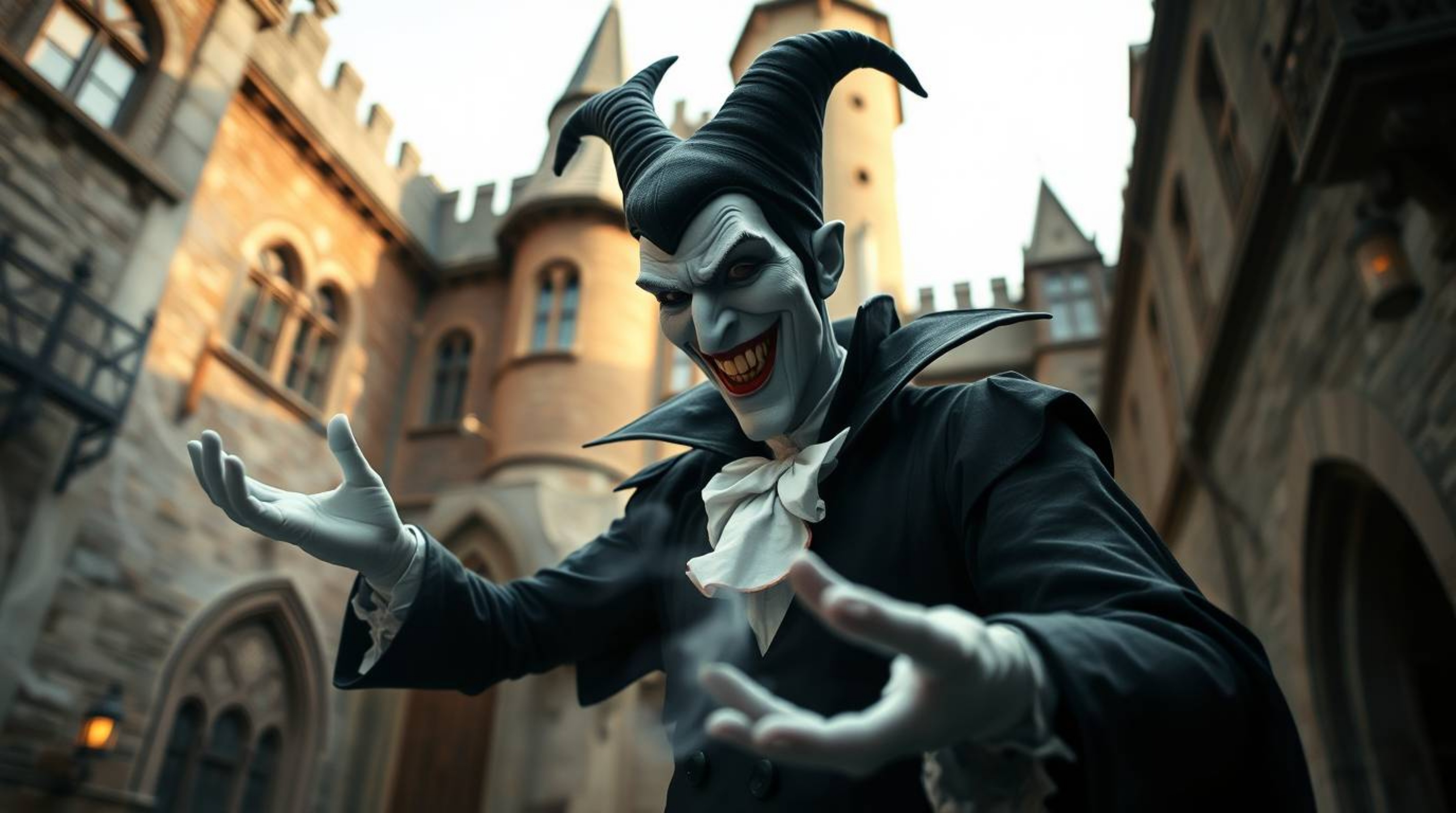 A candid street photography image capturing a classic Disney villain with pale skin and a mischievous grin, caught in the act