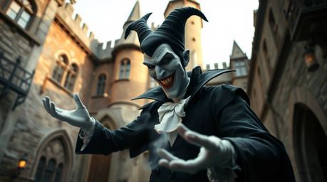A candid street photography image capturing a classic Disney villain with pale skin and a mischievous grin, caught in the act