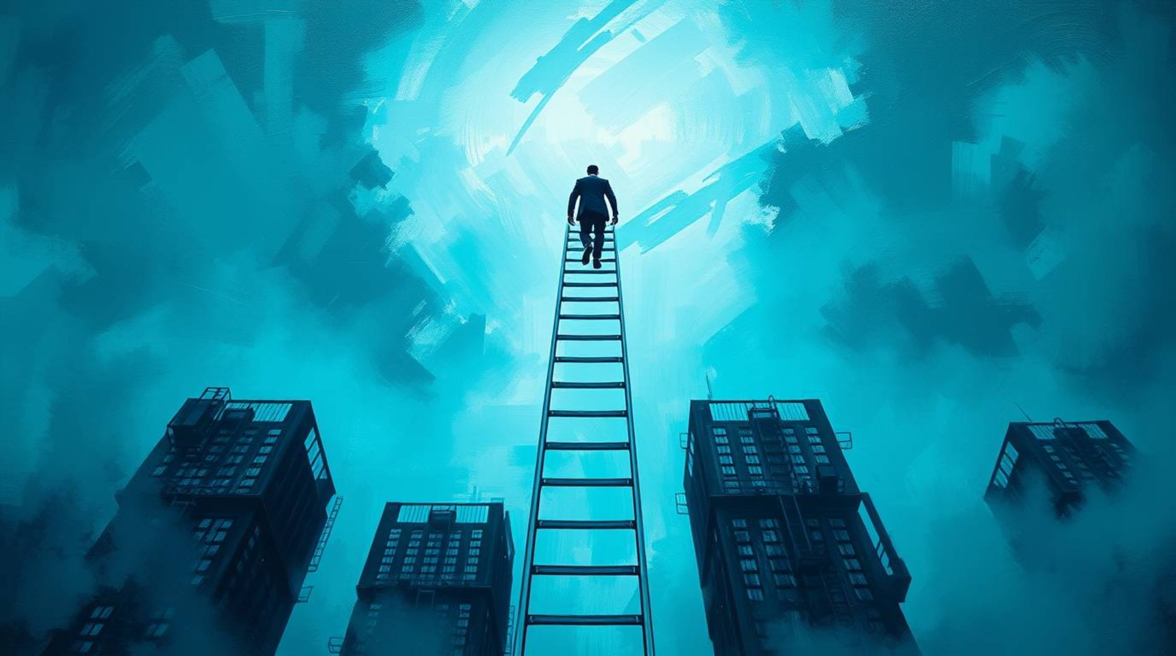 A vibrant teal acrylic painting depicts a businessperson ascending a transparent ladder disappearing into a blue sky above sk
