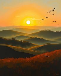 This is a classic oil painting capturing a silhouetted Tuscany sunset over misty, rolling hills. The artwork is characterized