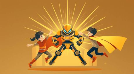 A modern, flat design illustration depicts three superpowered children engaged in a dynamic battle against a formidable robot