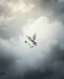 A captivating overhead shot depicts a dove carrying an olive branch amidst a dramatic stormy sky.  Soft, diffused light illum