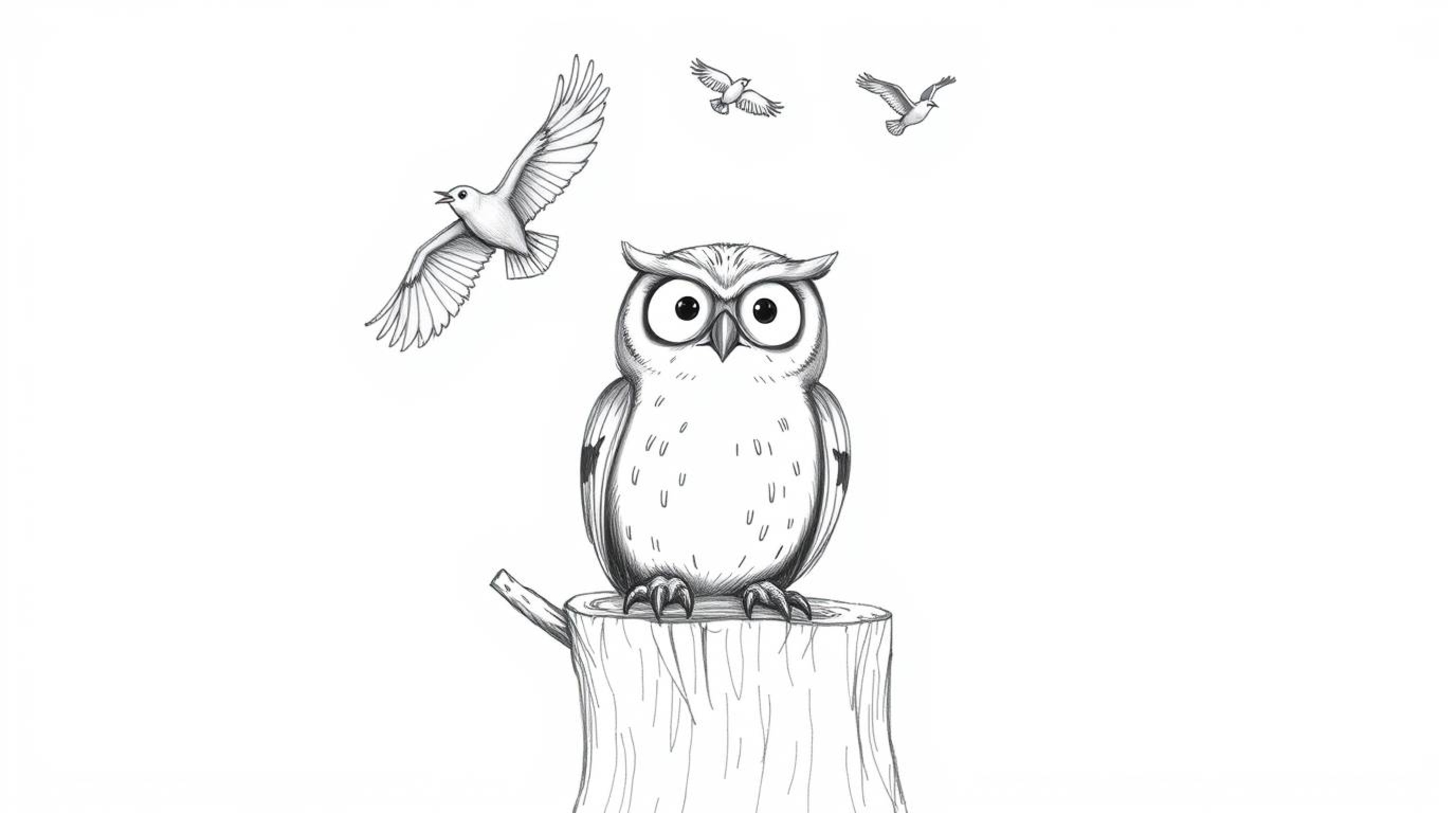 A charming sketch depicts a blind owl, rendered in a delightful Pixar style, perched on a detailed tree stump. With expressiv