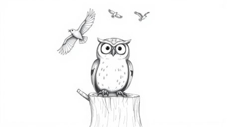 A charming sketch depicts a blind owl, rendered in a delightful Pixar style, perched on a detailed tree stump. With expressiv