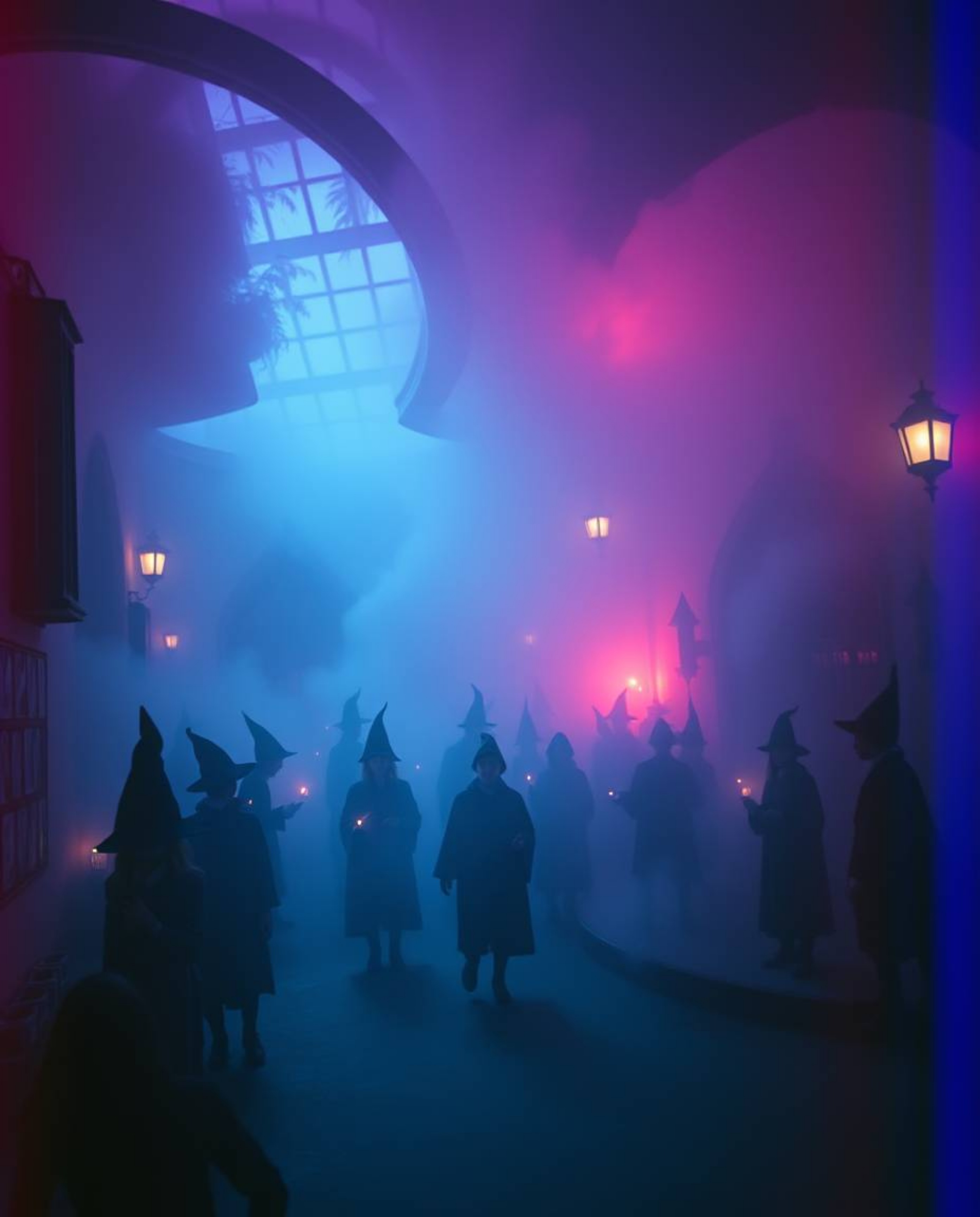 Immerse yourself in a dramatic, cinematic portrayal of a magical school teeming with young wizards. Rendered in captivating i