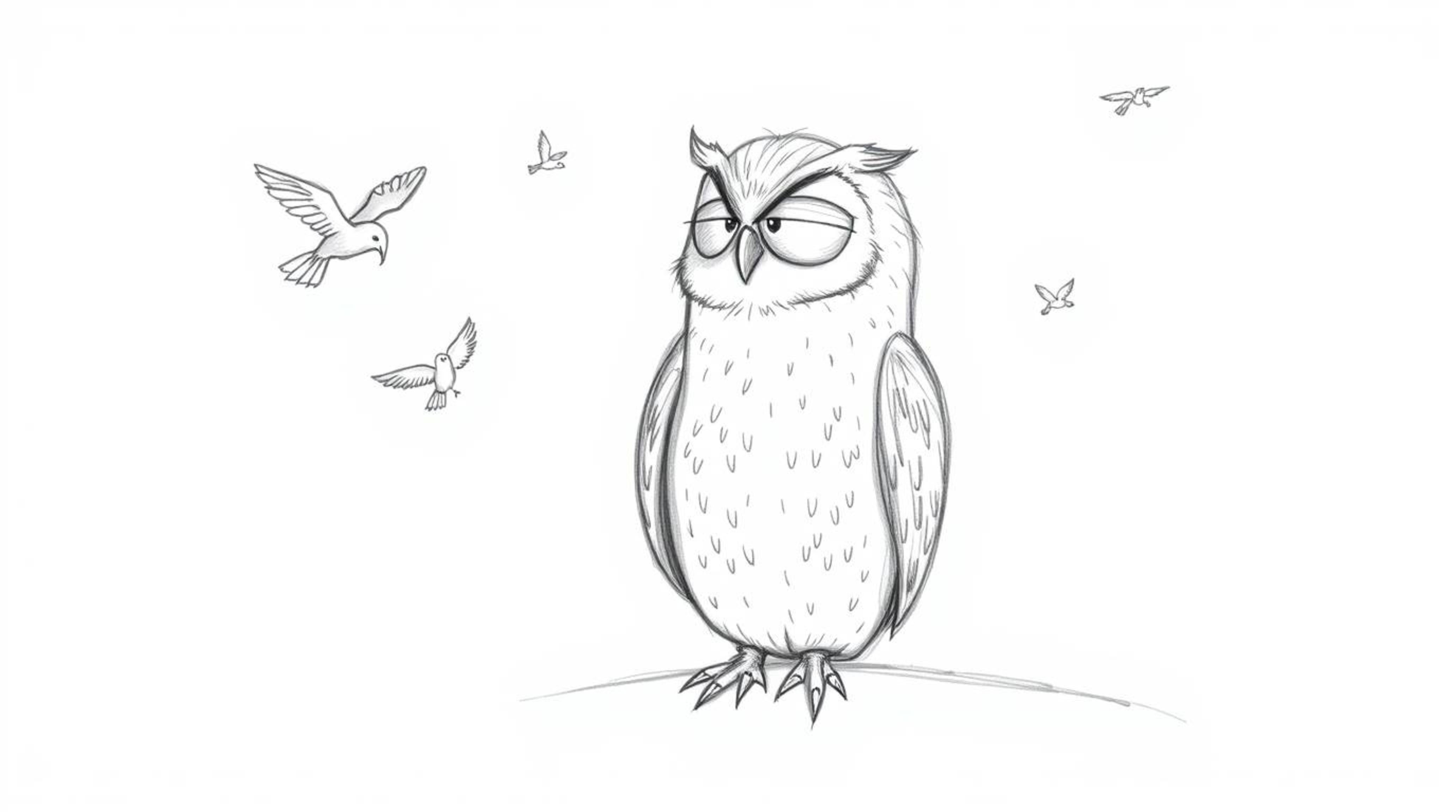 A captivating hand-drawn sketch in Pixar style presents a blind owl with soft, textured pencil strokes against a stark white 