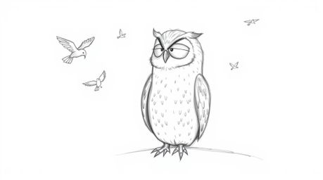 A captivating hand-drawn sketch in Pixar style presents a blind owl with soft, textured pencil strokes against a stark white 
