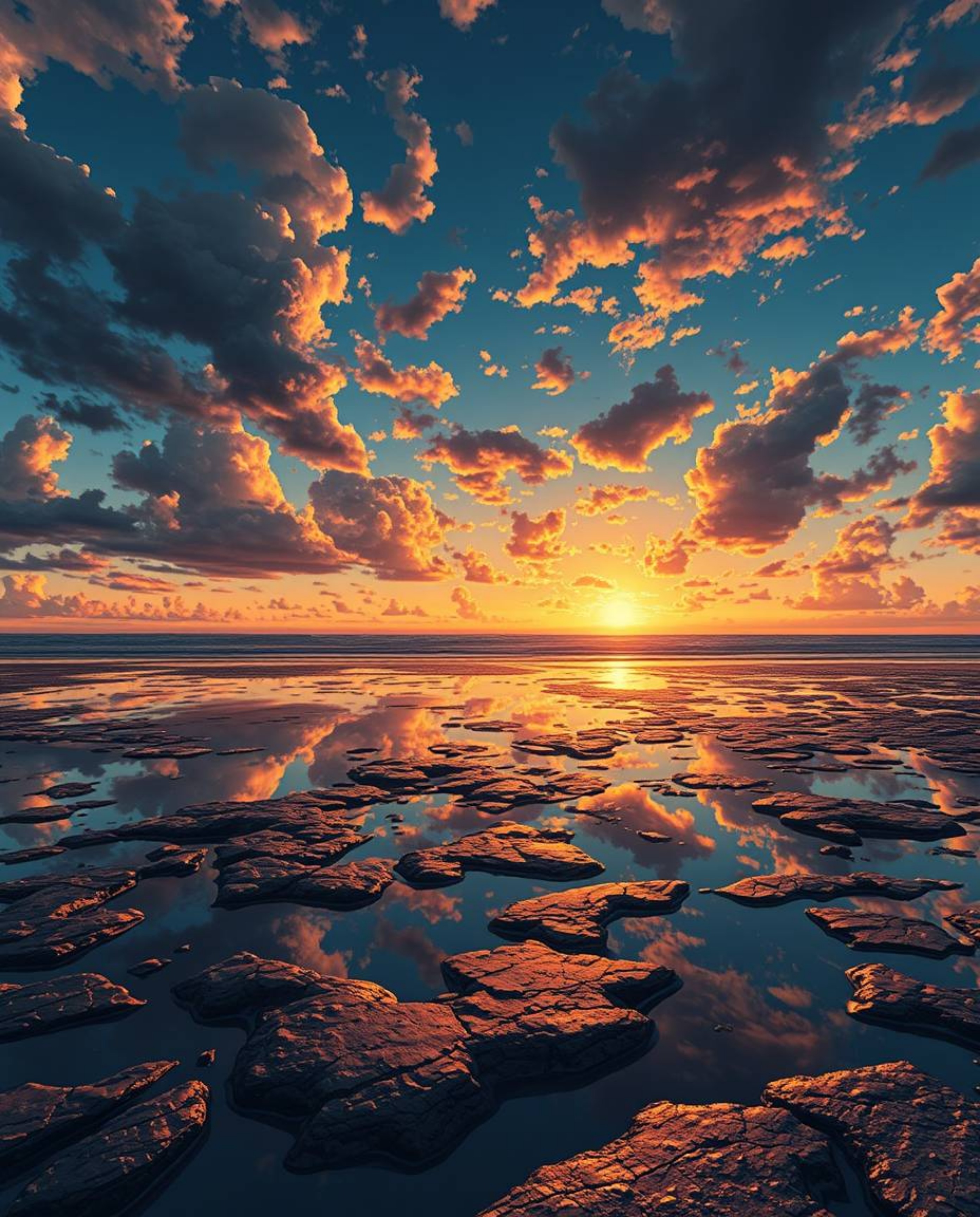 In an Isekai anime style, a dramatic sunset sky is mirrored in the tidal pools of a beach. The scene is characterized by stro