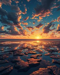 In an Isekai anime style, a dramatic sunset sky is mirrored in the tidal pools of a beach. The scene is characterized by stro