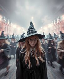A captivating cinematic long exposure photograph showcases a magical school brimming with young wizards.  The image features 