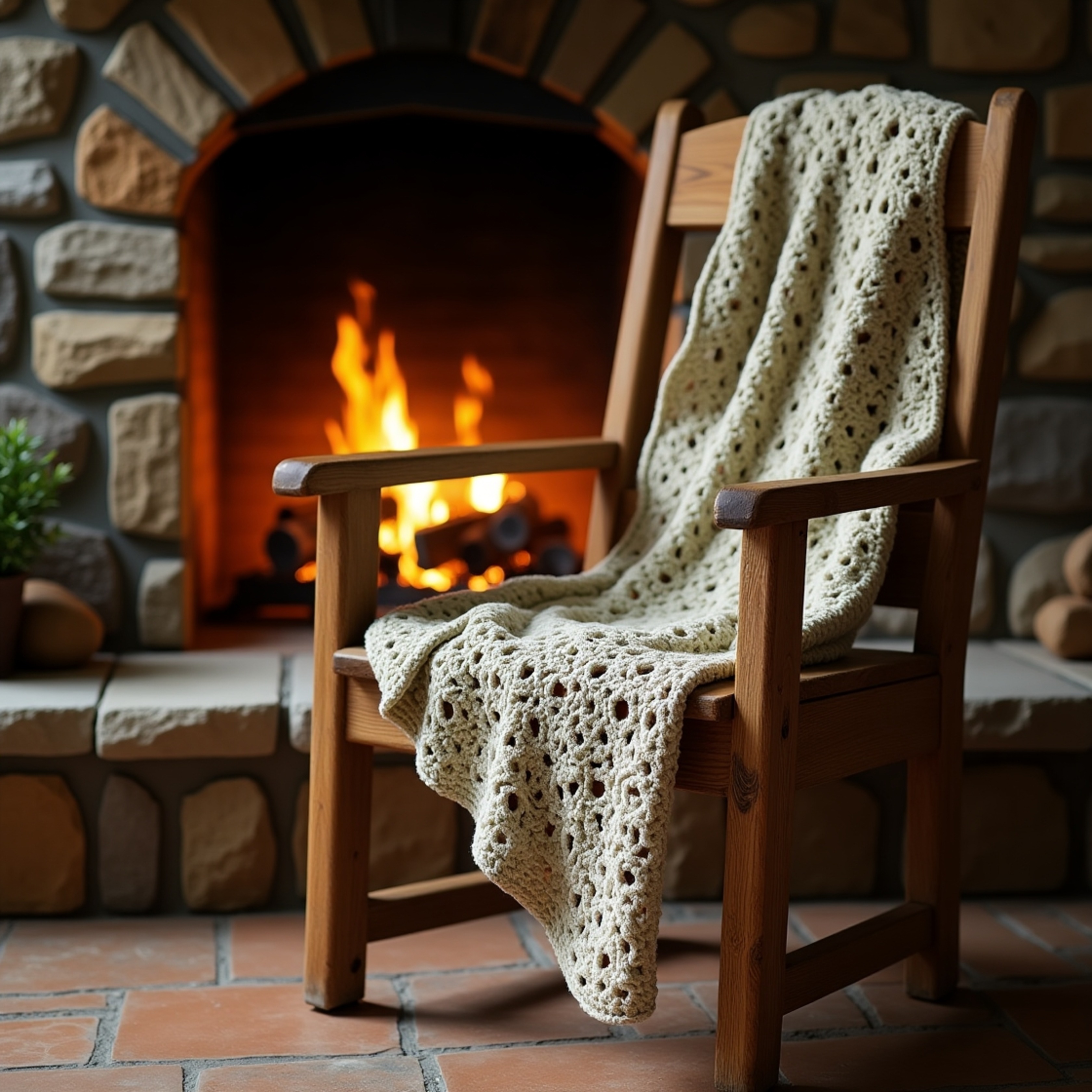 A warm and inviting scene unfolds with a sturdy wooden chair positioned before a crackling fireplace. A handmade crocheted th