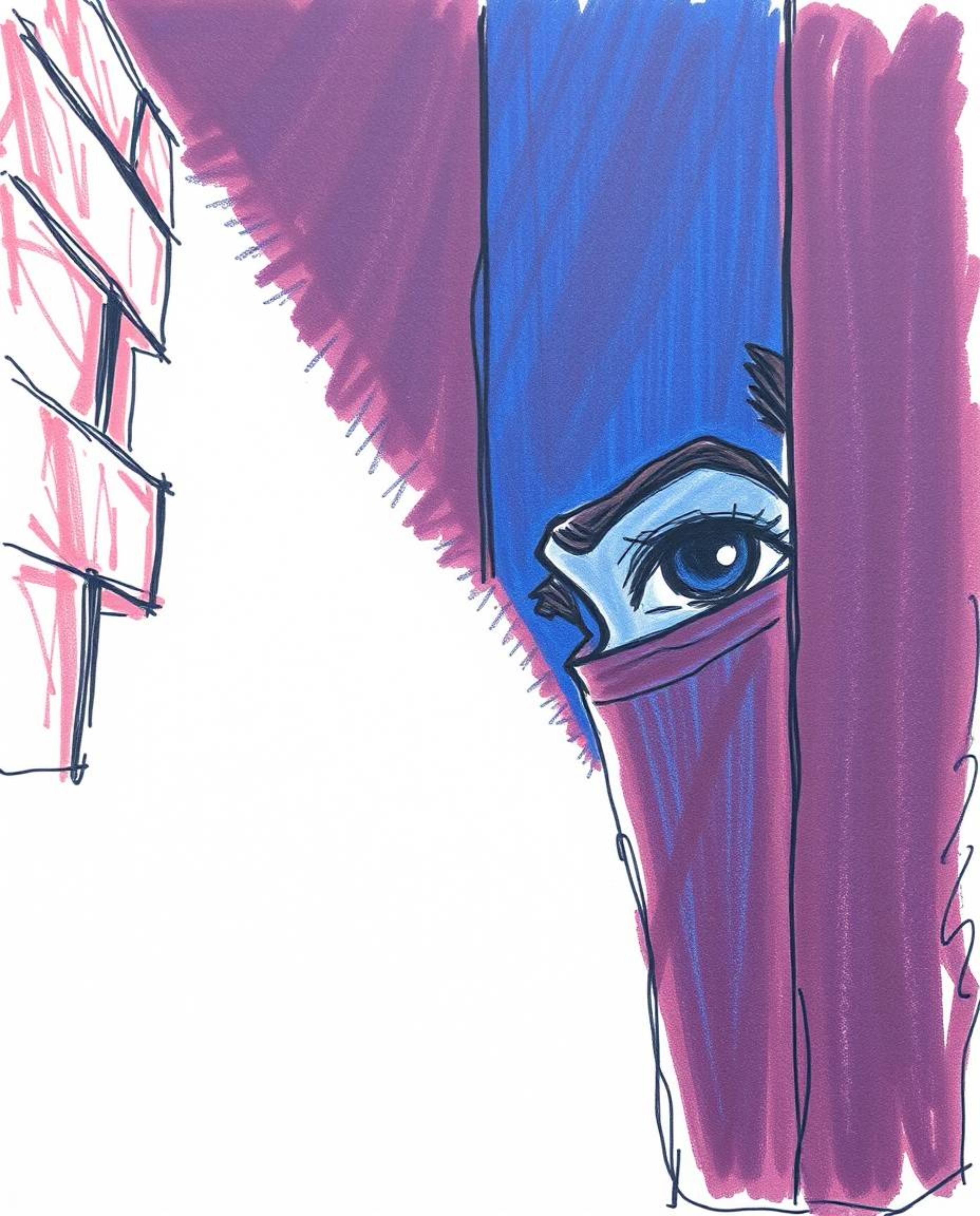 A captivating hand-drawn sketch featuring rich burgundy and deep blue hues depicts eyes watching intently from the shadowy de