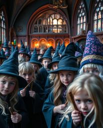 Discover a captivating close-up image of a magical school brimming with young wizards.  The cool color palette of blues, gree