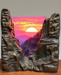 A stunning cast bronze sculpture captures a vibrant sunset scene, depicting sandstone cliffs in a canyon illuminated by the s