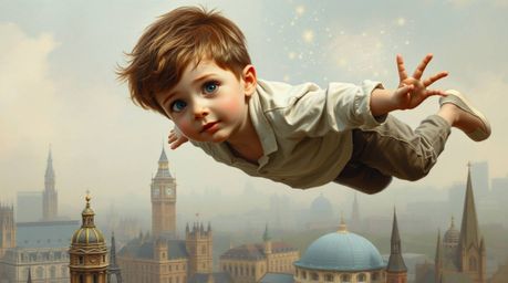 A young boy with soft features soars above a hazy London landscape, propelled by enchanting pixie dust. This scene is capture