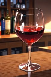 An elegant crystal wine glass filled with a rich, deep red wine is artfully presented on a polished wooden surface, bathed in