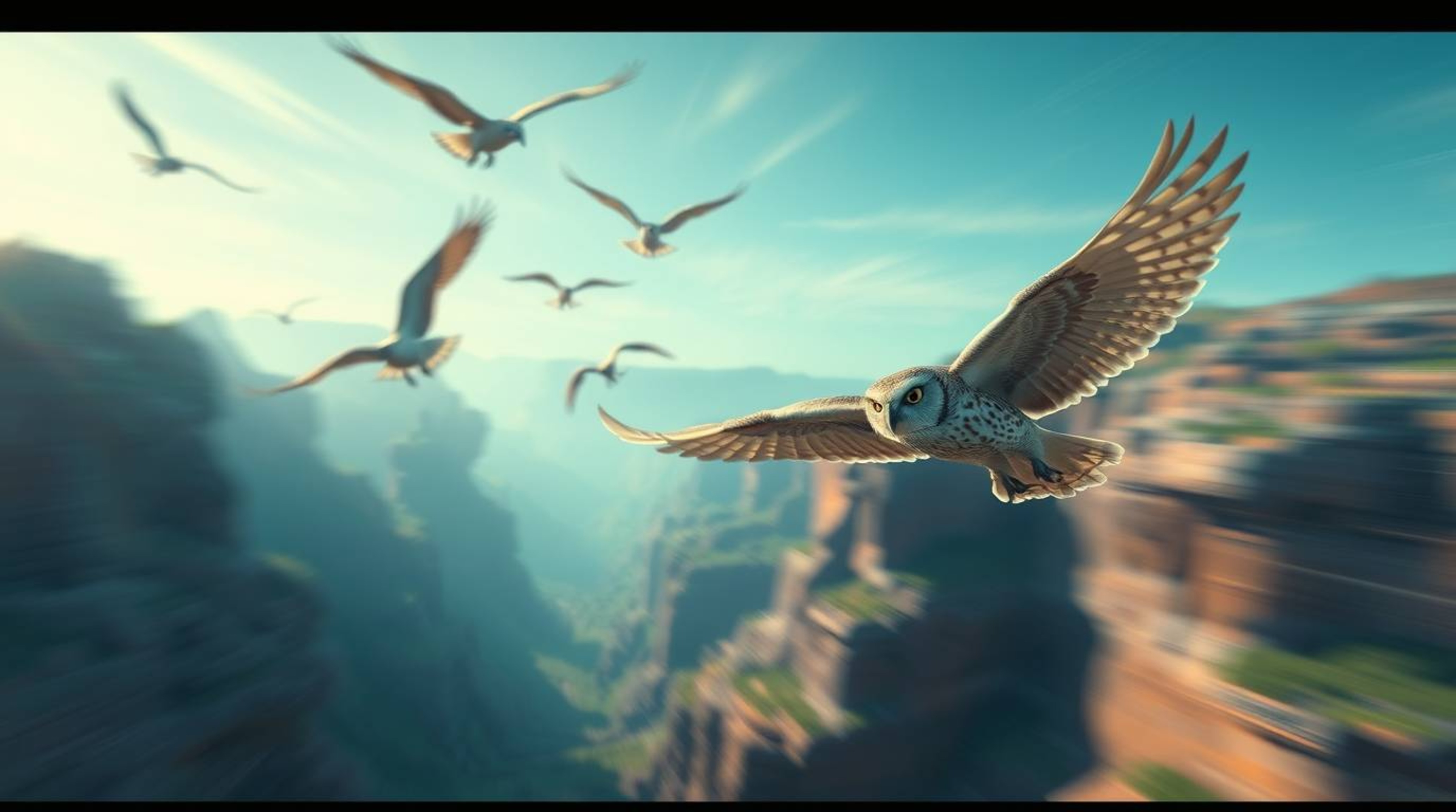 This digitally painted, long-exposure image, cinematic in style, depicts a Pixar-like blind owl teaching birds to soar throug