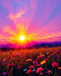 A creative light art installation depicting a spring sunset over a wildflower meadow. This piece is characterized by its stun