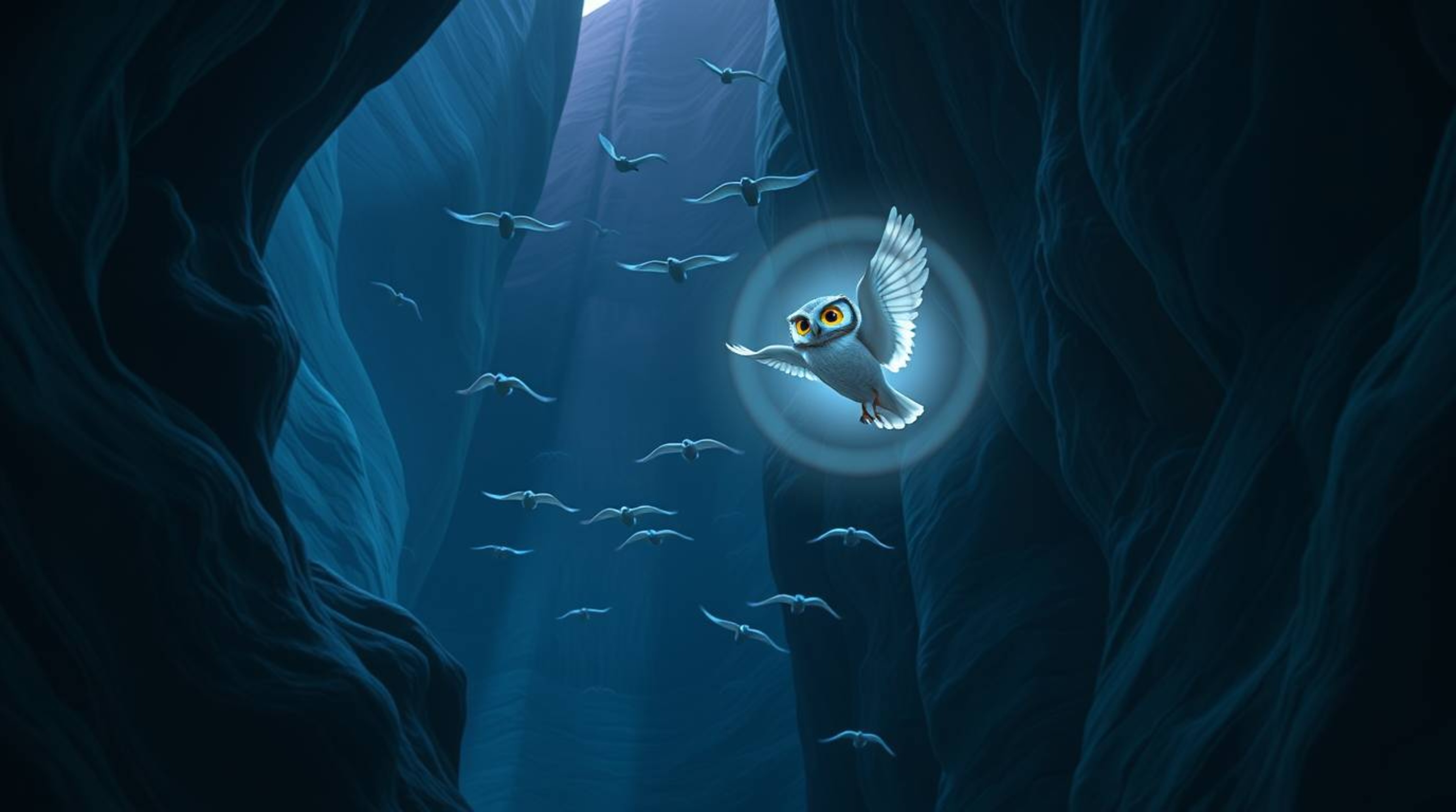 This is a long-exposure photograph capturing a magical scene in the style of Pixar animation. A blind, wise-looking owl is de