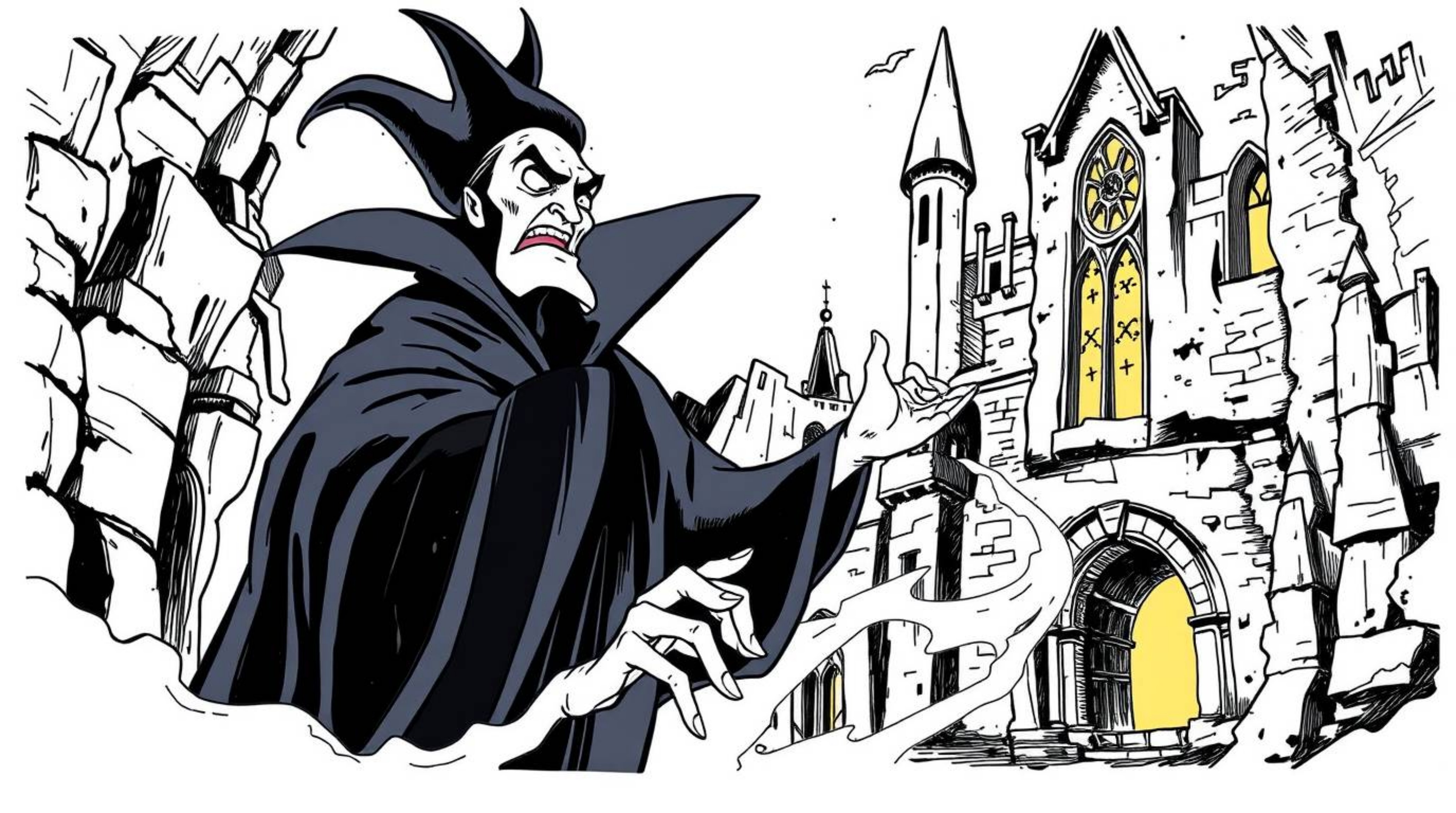 A captivating hand-drawn illustration of a classic Disney villain casting a spell within the crumbling walls of an old castle