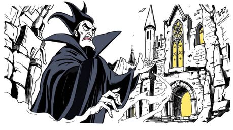 A captivating hand-drawn illustration of a classic Disney villain casting a spell within the crumbling walls of an old castle